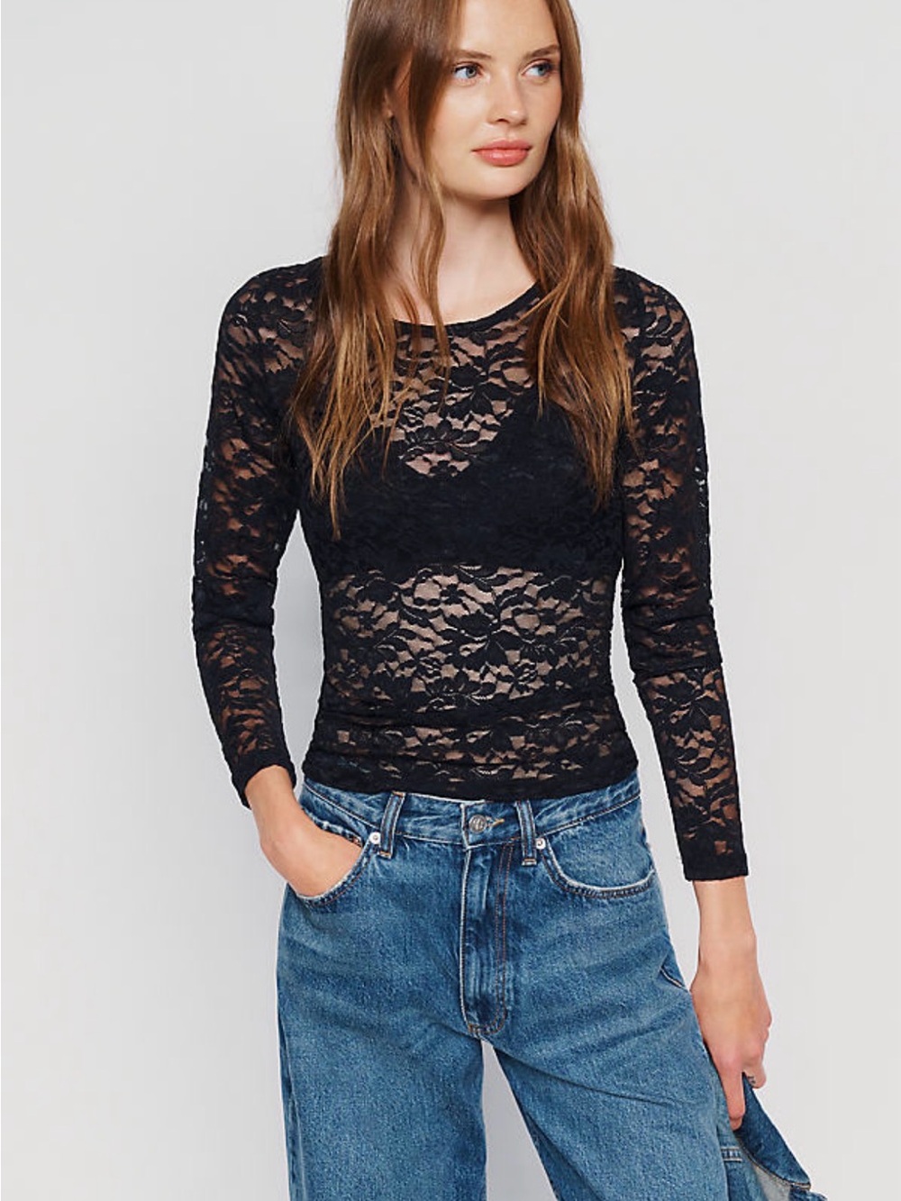 Anthropologie Black Floral Lace Long-Sleeve Top
